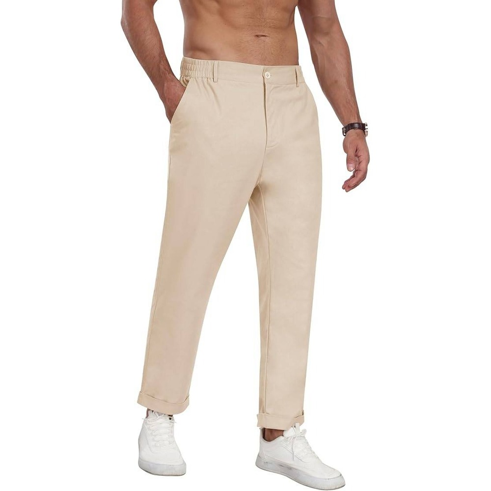 Mens Casual Chino Pants‎ Lightweight Elastic Waist Breathable Khaki Tan